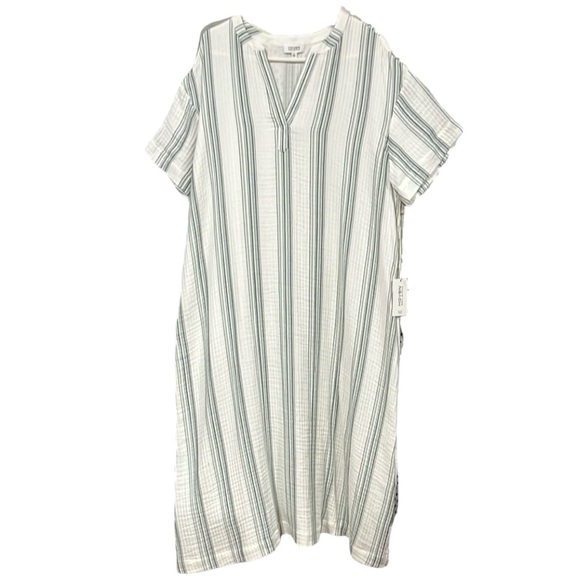 Haven White Gray Maxi Dress Muumuu Short Sleeve Cotton Gauze Striped Loungewear - Picture 4 of 16